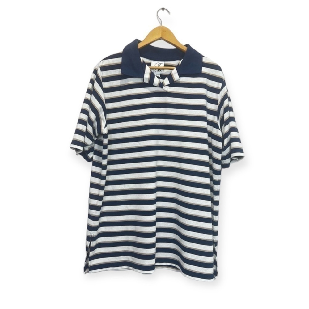 AK America Navy Blue White Striped Short Sleeve pull up polo shirt size 18/20